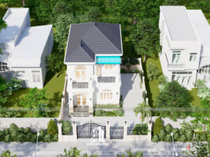 Xây dựng Khôi Nguyên - phương án biệt thự mái Nhật kết hợp lan can sắt và mái hiên kính